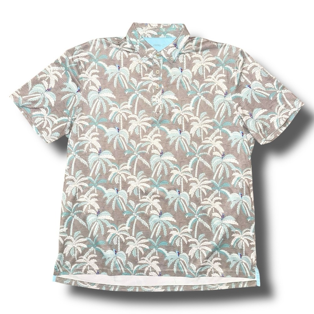 JOHNNIE-O Polo Shirt XL Cha‎ Cha Tropical Performance Stretch Palm Tree Parrot - Picture 2 of 5